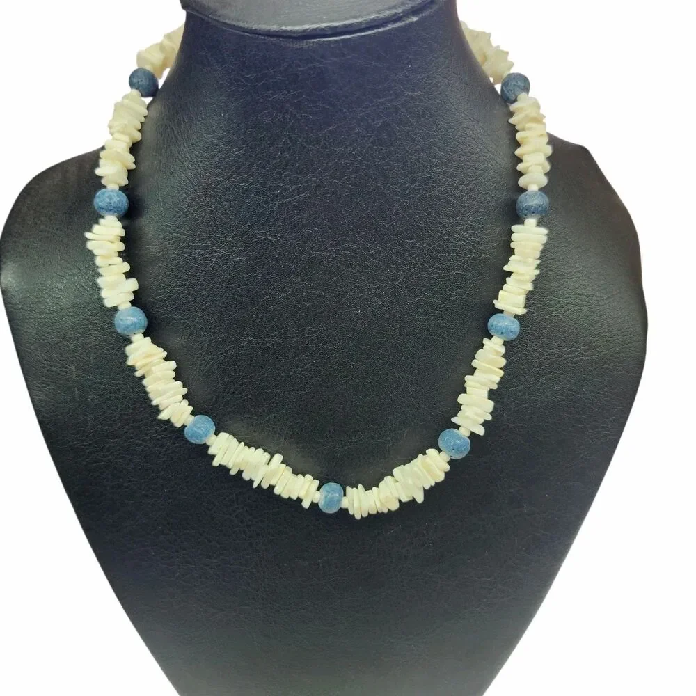 Puka Shell Necklace Unisex White Blue Barrel Clasp16
